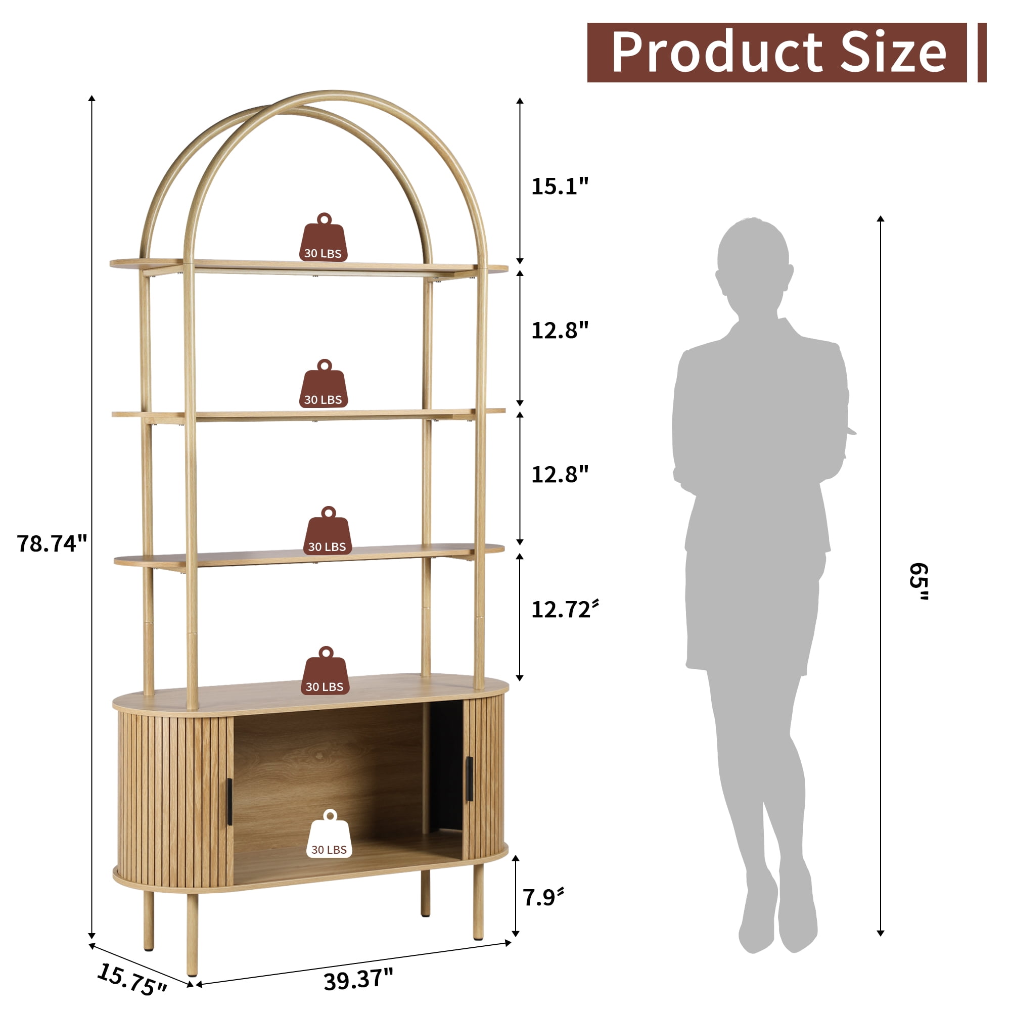 LEFHDA 79" Industrial Modern Arched Bookshelf with 4-Tier Open Shelf & Sliding Tambour Cabinet Storage, Mid-Century Curved Freestanding Bookcase for Living Room (Natural, 79 inch Set of 2)