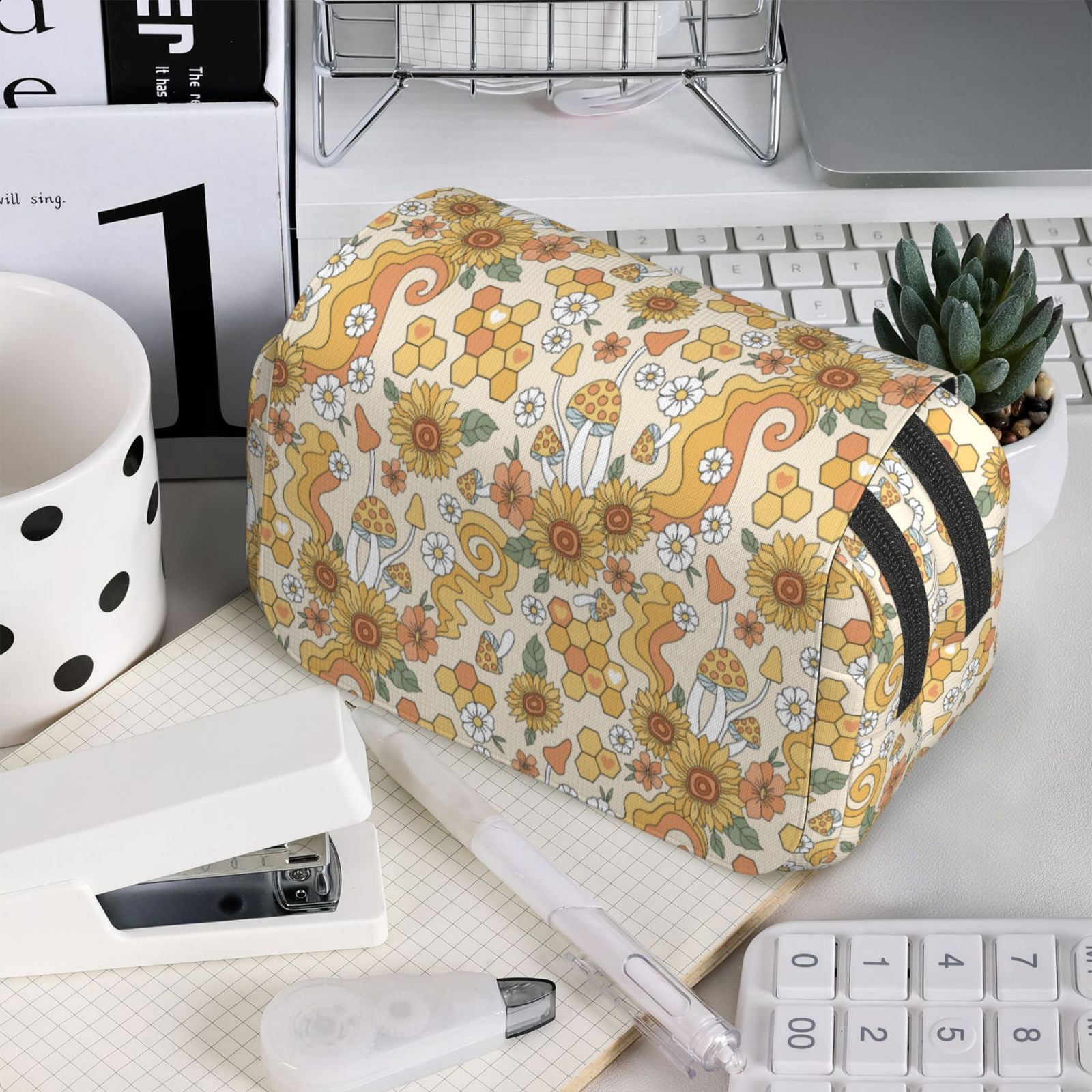 Rateoe Retro 70s 60s Flower Pattern Double Clamshell Pen Case, Storage Organizer with Two Zipper Compartments– Holds Up to 50 Pencils & Pens