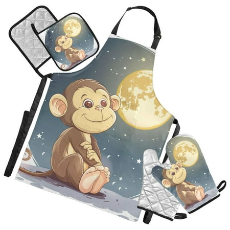 Cute Monkey Look at The Moon Apron Set with Oven Mitts Pot Holders Set of 5 Kitchen Stuff Accessories
