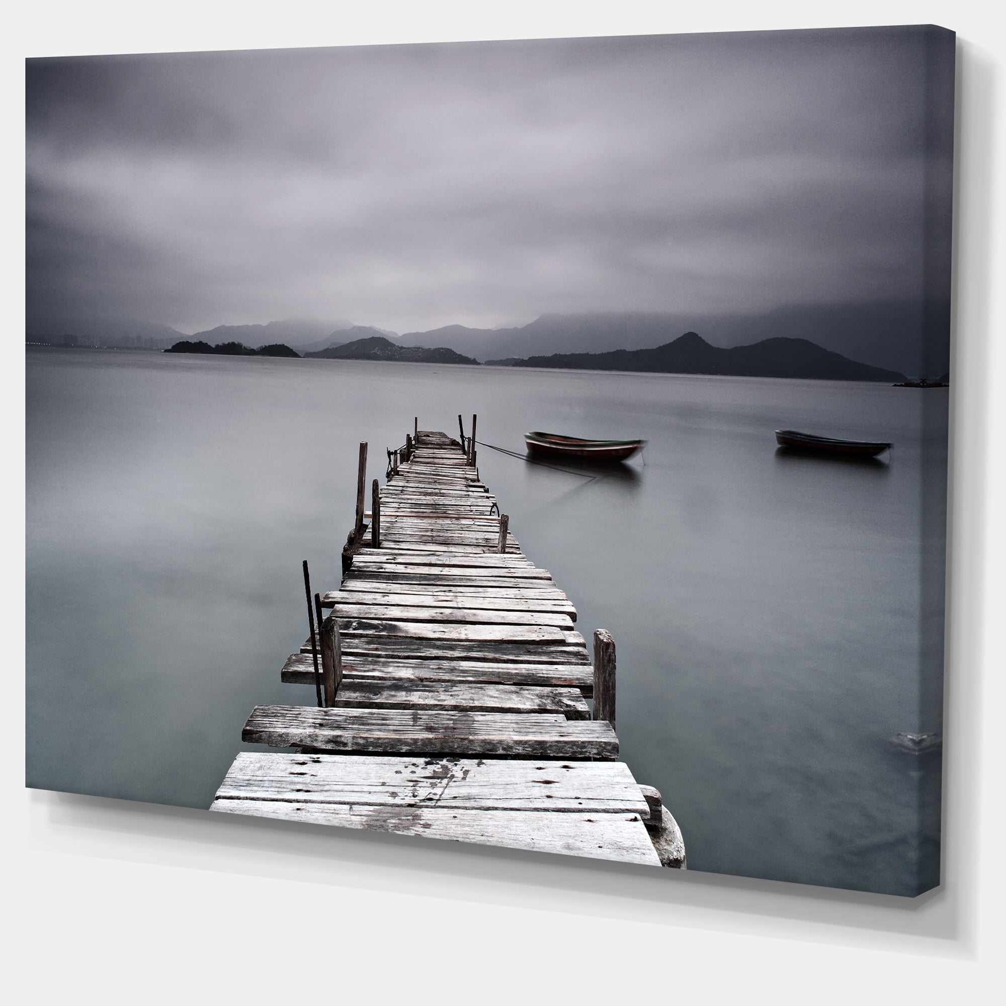 Designart 'Pier and Boats at Seashore ' Bridge Canvas Art Print