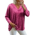 thumbnail image 2 of ClodeEU Women's Sequin Shirts,Long Sleeve V Neck Loose Fit Top,Casual Trendy T Shirts Hot Pink,Womens Plus S, 2 of 7
