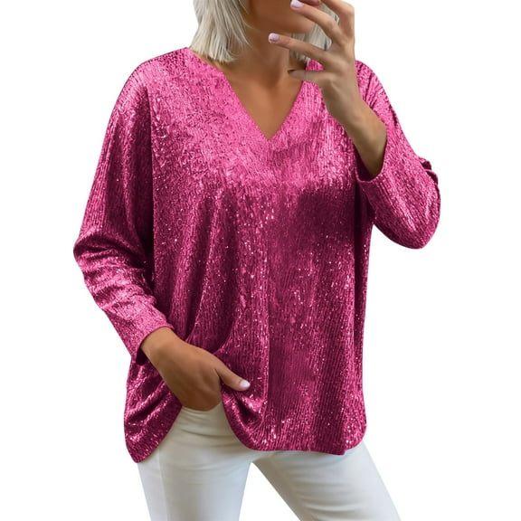 qelini Plus Size Shirts for Women Long Sleeve Sequin Pullover Tops Solid V Neck Tunic Loose Elegant Blouses