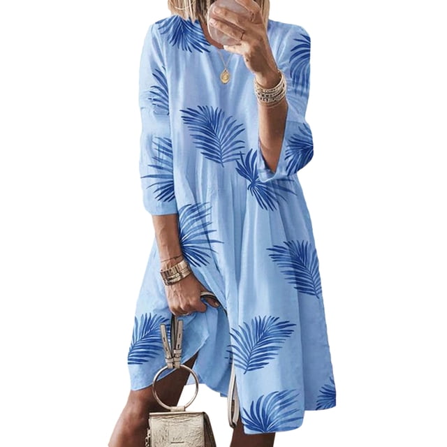 Daeful Robe T-Shirt à Imprimé Papillon, Robes Courtes Mini, Robe d'Été à Manches 3/4, Décontractée, Ample, Col Ras du Cou, Bleu Feuille, 5TG