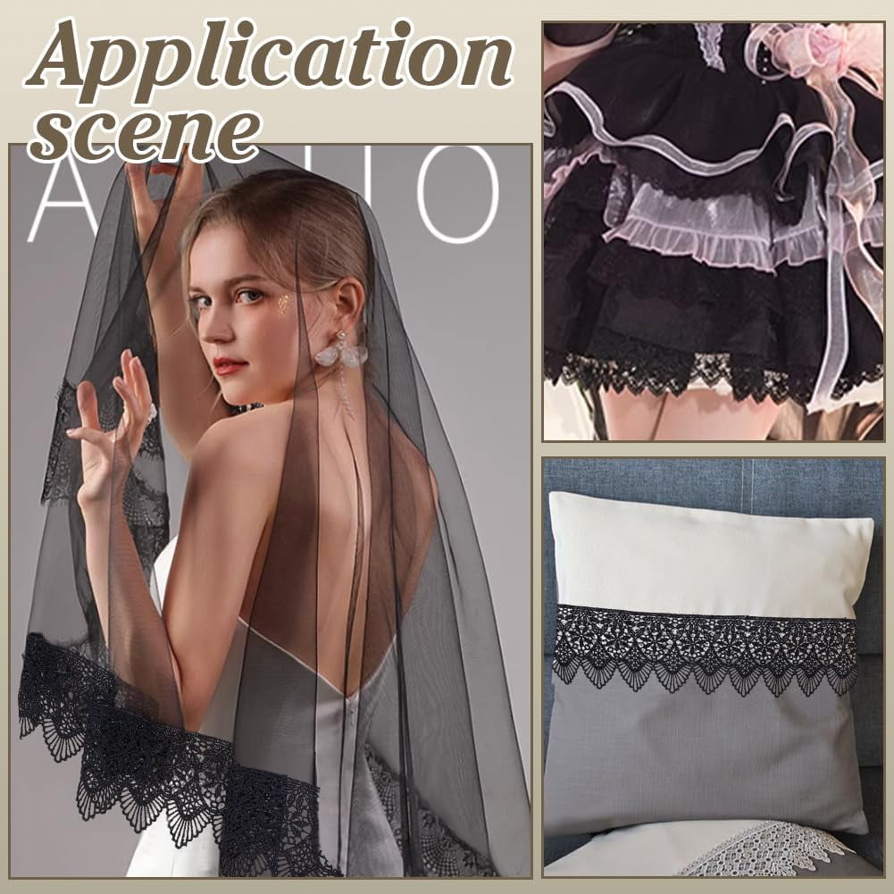 1Pc Polyester Lace Wavy Flower Ribbons for Cloth DIY Making Decor 1Pc Cardboard Display Card Black 2-3/8 inch(60mm) about 6.56 Yards(6m)/Set