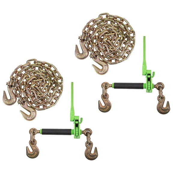 2 Pack Chain Load Binder Kit - 3/8"-1/2" Quick Ratchet Folding Load Binder with Grab Hooks 12,000 lbs WLL & 2 Pack 3/8" X 20' G70 Transport Tow Chain 6,600lbs WLL Tie Down for Hauling