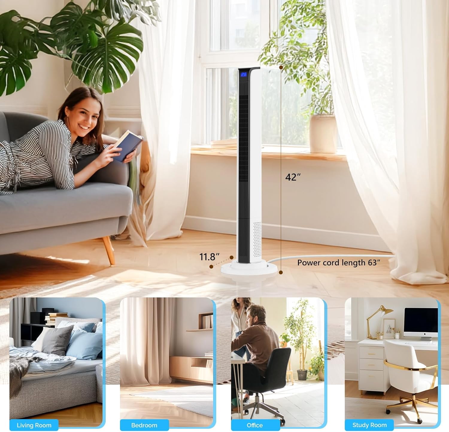 VINGLI 42" Tower Fan for Bedroom, Smart Floor Fan with APP & Remote Control, 3 Modes, 3 Speeds, Standing Fan with Oscillating, 12H Timer, Quiet Fan for Cooling Home Office