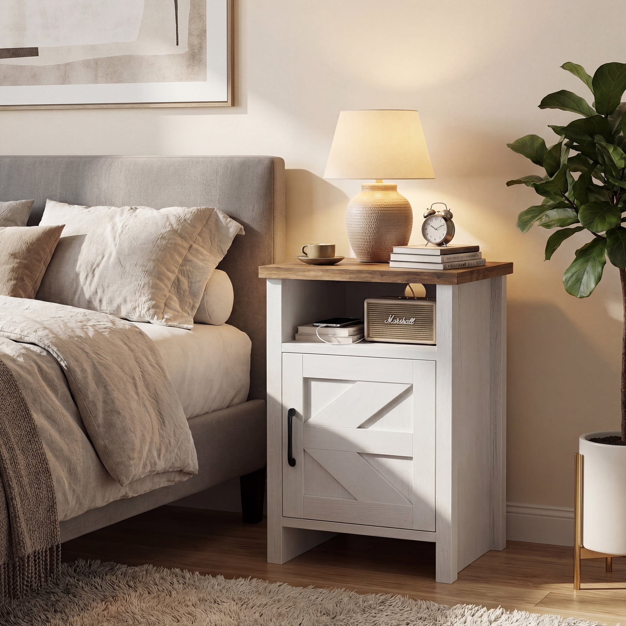 Homall Farmhouse Nightstand 1 Piece with Shelf and Barn Door Wood Modern Beside Tables for Bedroom Living Room, White