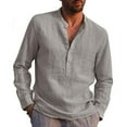 thumbnail image 1 of Men Henley T Shirts Casual Long Sleeve Button Linen V Neck Winter Loose Tops, 1 of 3