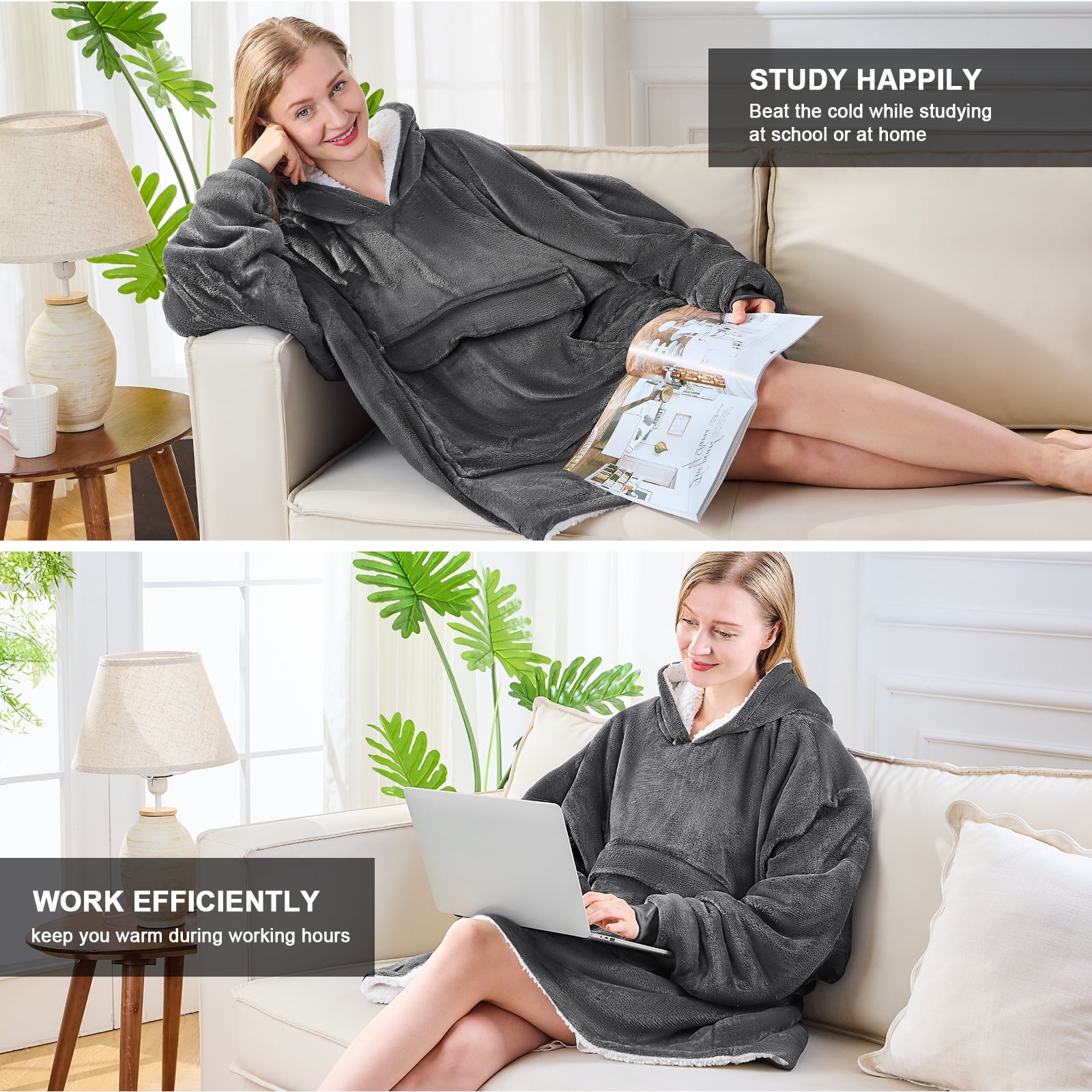 PMONPA Heated Wearable Blanket, Oversized Wearable Heated Blanket for Adult, Sherpa Fleece Blanket Hoodie, One Size, Grey