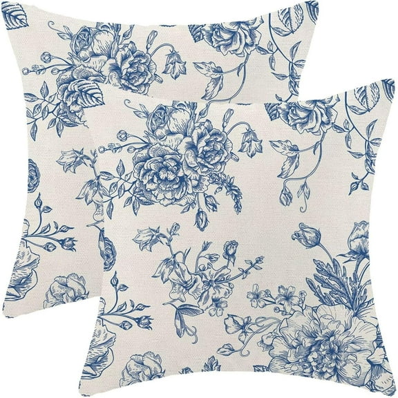 Spring Blue Floral Pillow Covers 16x16 Inch Set of 2, Chinoiserie Blue Flower Decorative Throw Pillowcase Vintage Floral Outdoor Cushion Cover for Sofa Couch Living Room Bed Decor