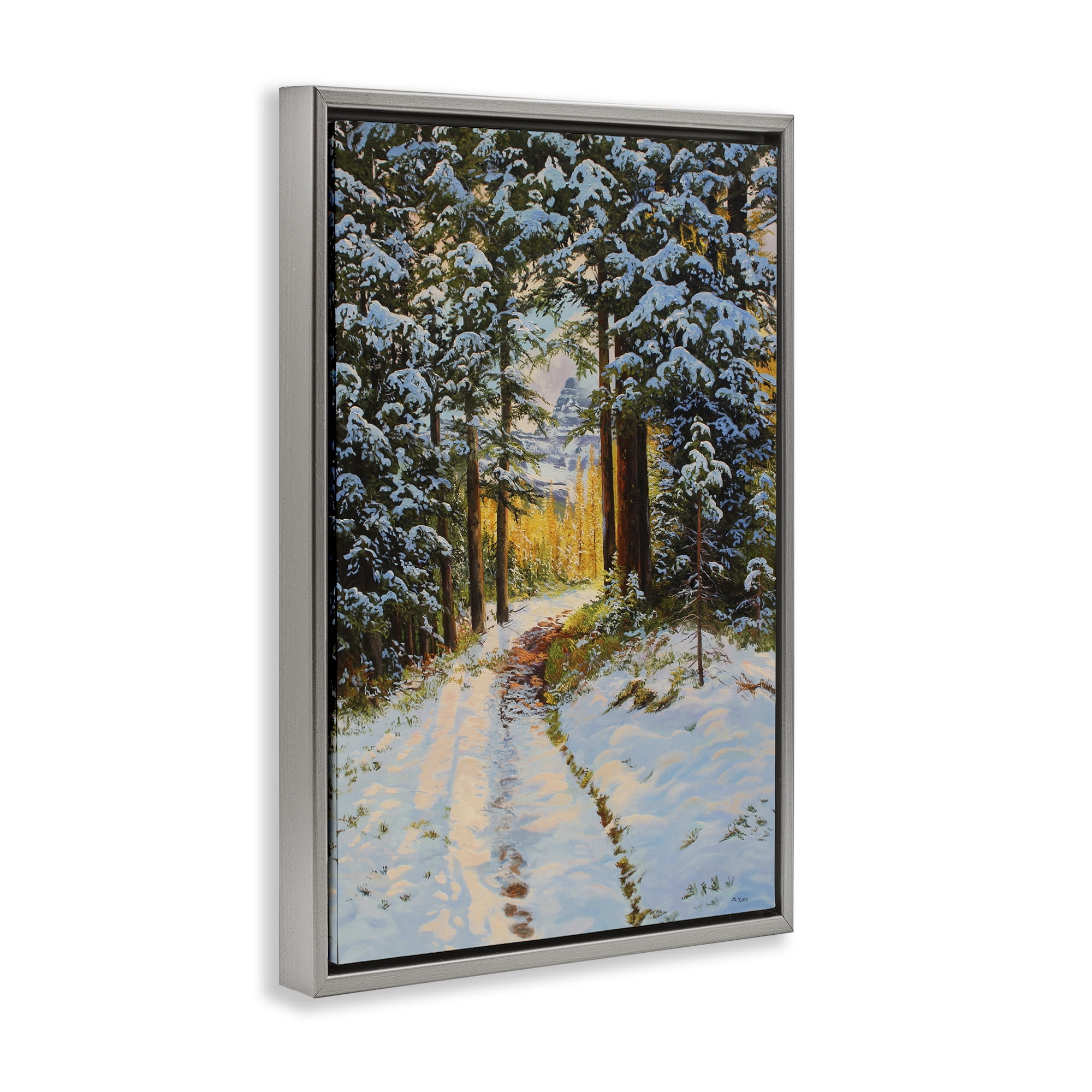 Stupell Industries Snowy Forest Trail Landscape & Nature Painting Gray Floater Framed Canvas Art Print Wall Art, 17 x 25