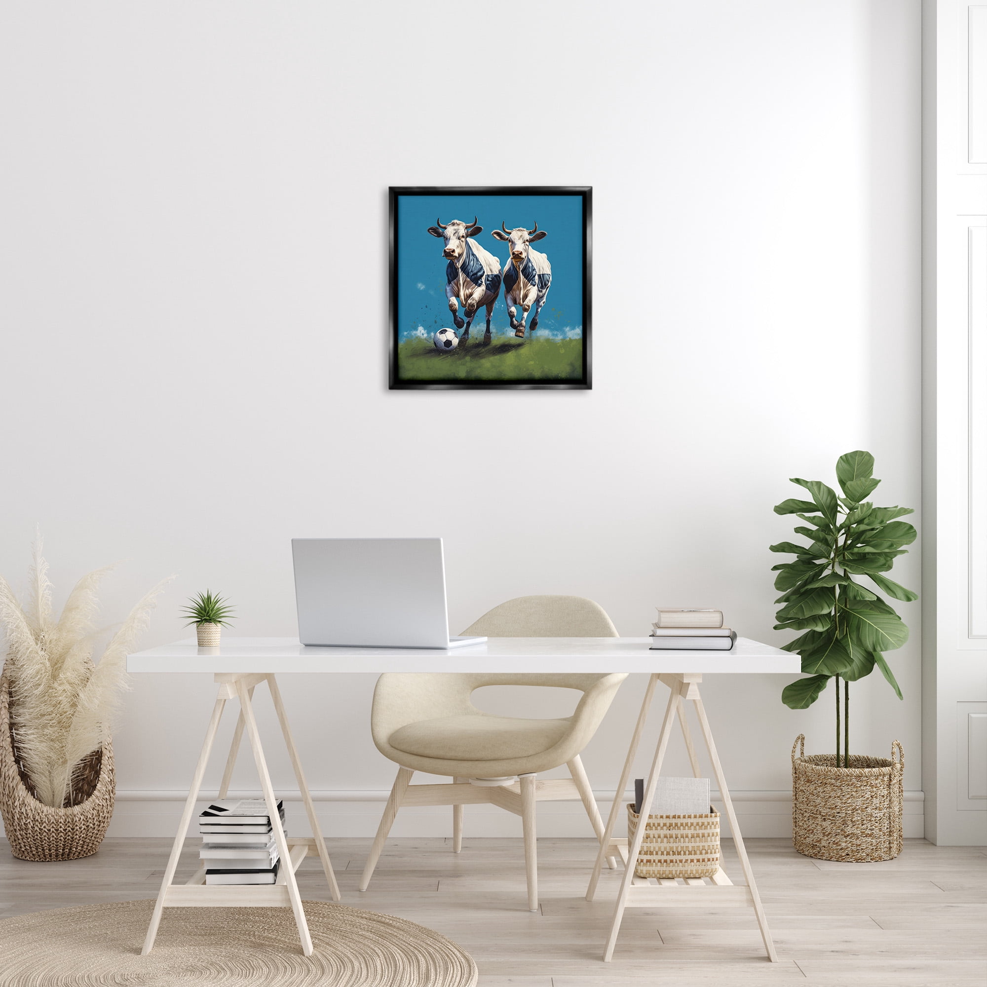 Stupell Industries Cows Playing Soccer Animals & Insects Painting Black Floater Framed Canvas Art Print Wall Art, 25 x 25
