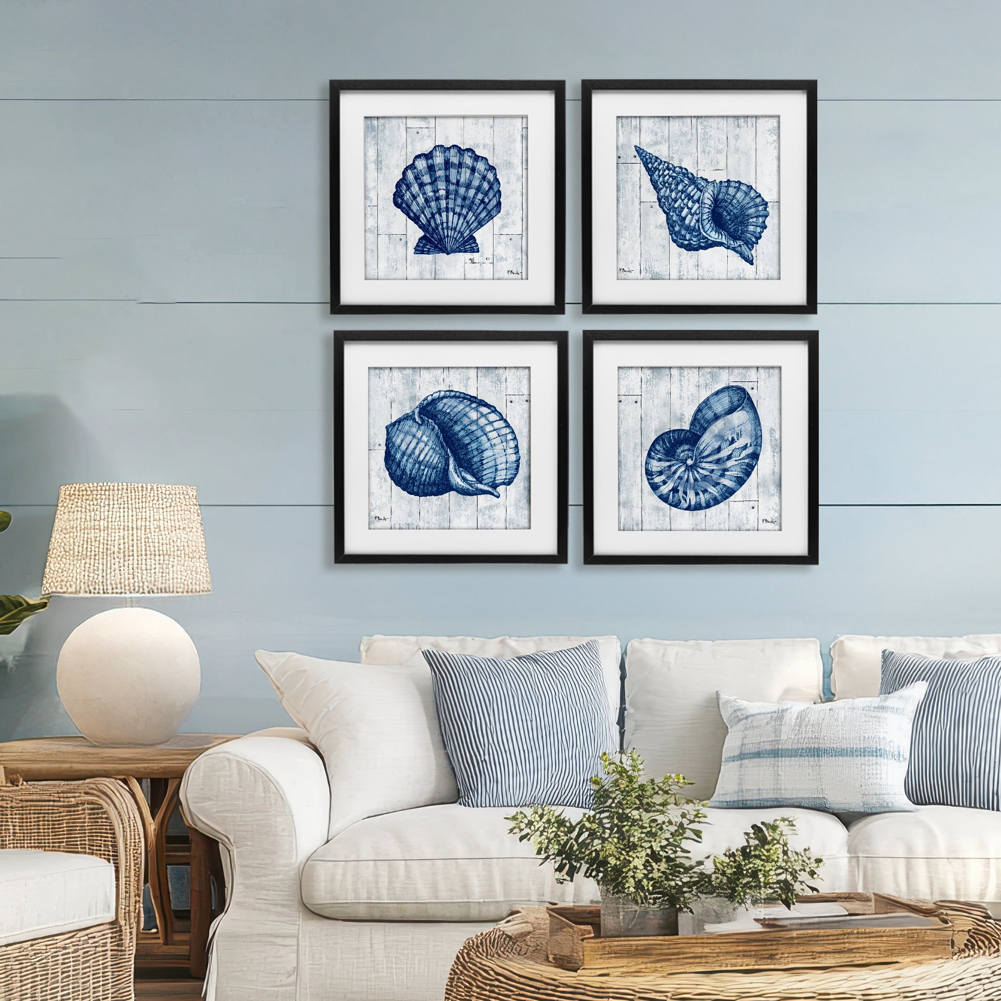 Stupell Industries Coastal Timberland Seashells 4 Piece Black Framed Print Under Glass Set, design by Paul Brent