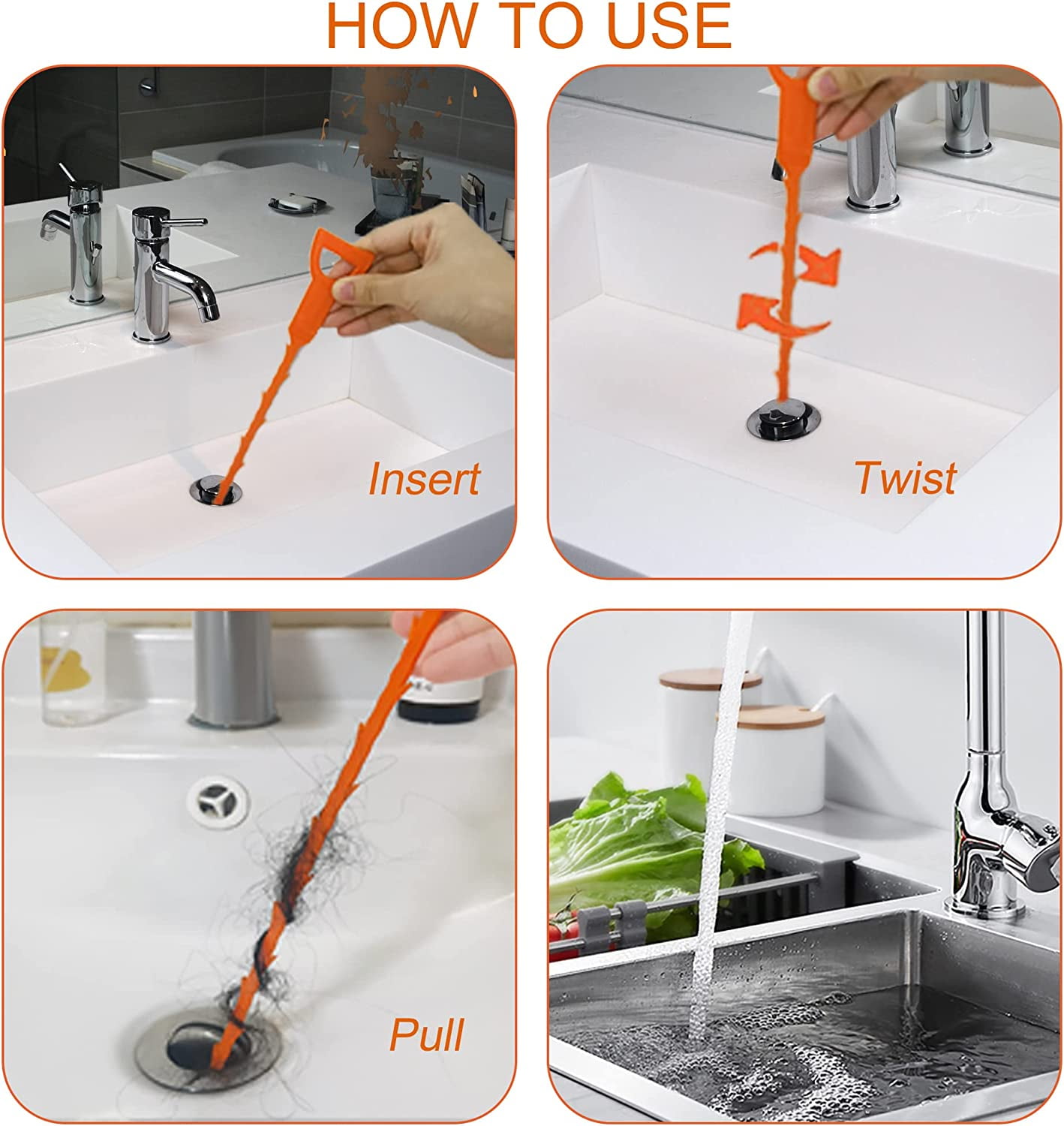 3Pcs Drain Snake Hair Drain Clog Remover Cleaning Tool Sink Drain Cleaner  20.5 Length Orange