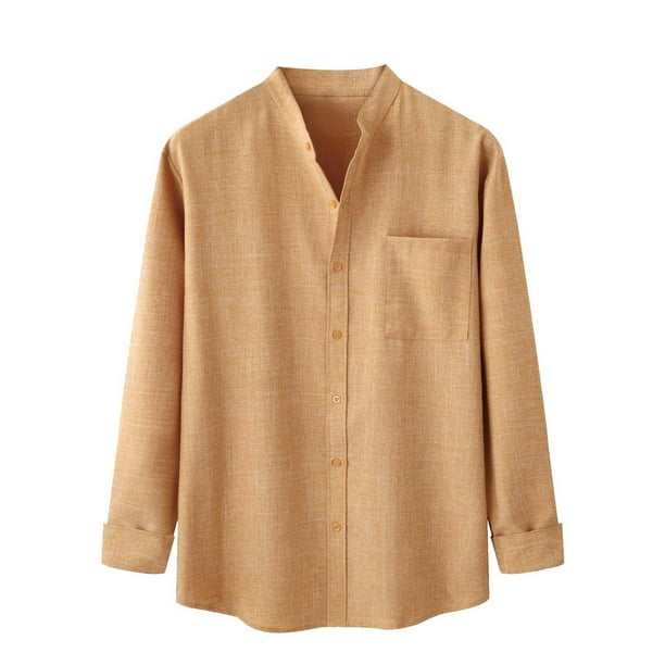 Tops de Otoño Para Hombre, Camisa de Lino Y Algodón de Color Sólido de Manga Larga Con Cuello Levantado de Invierno A La Moda Odeerbi ODB181732