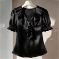thumbnail image 3 of ClodeEU Women's Satin Ruff V Neck Puff Short Sleeve Blouse,Elegant Dressy Silky Top Black,Women's Plus XL, 3 of 6