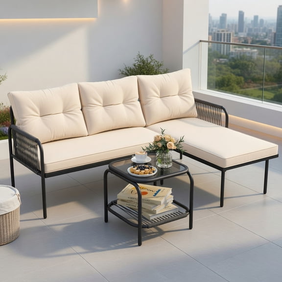 Resenkos Patio Furniture Sets,Outdoor & Patio Furniture Sets,3-Piece L Shaped Patio Furniture Set PE Rattan Sectional Sofas-Beige