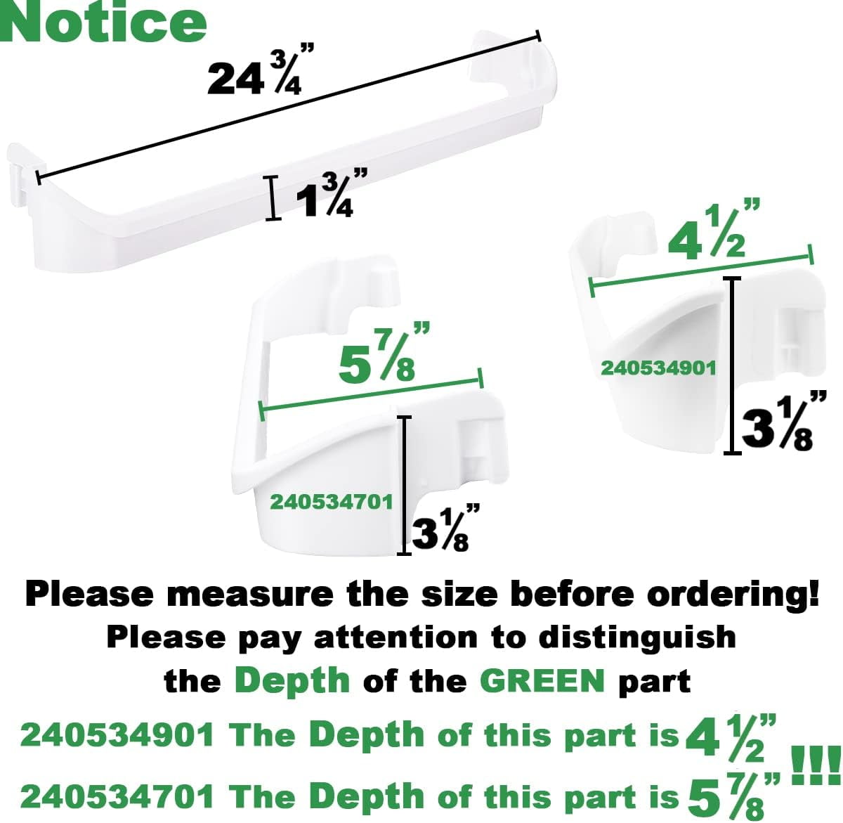 DanYee 240534701 240534901 Replacement Refrigerator Door Shelf Rail Compatible with Frigidaire Kenmore Refrigerator Rack Bar White (1X 240534701, 1X 240534901)