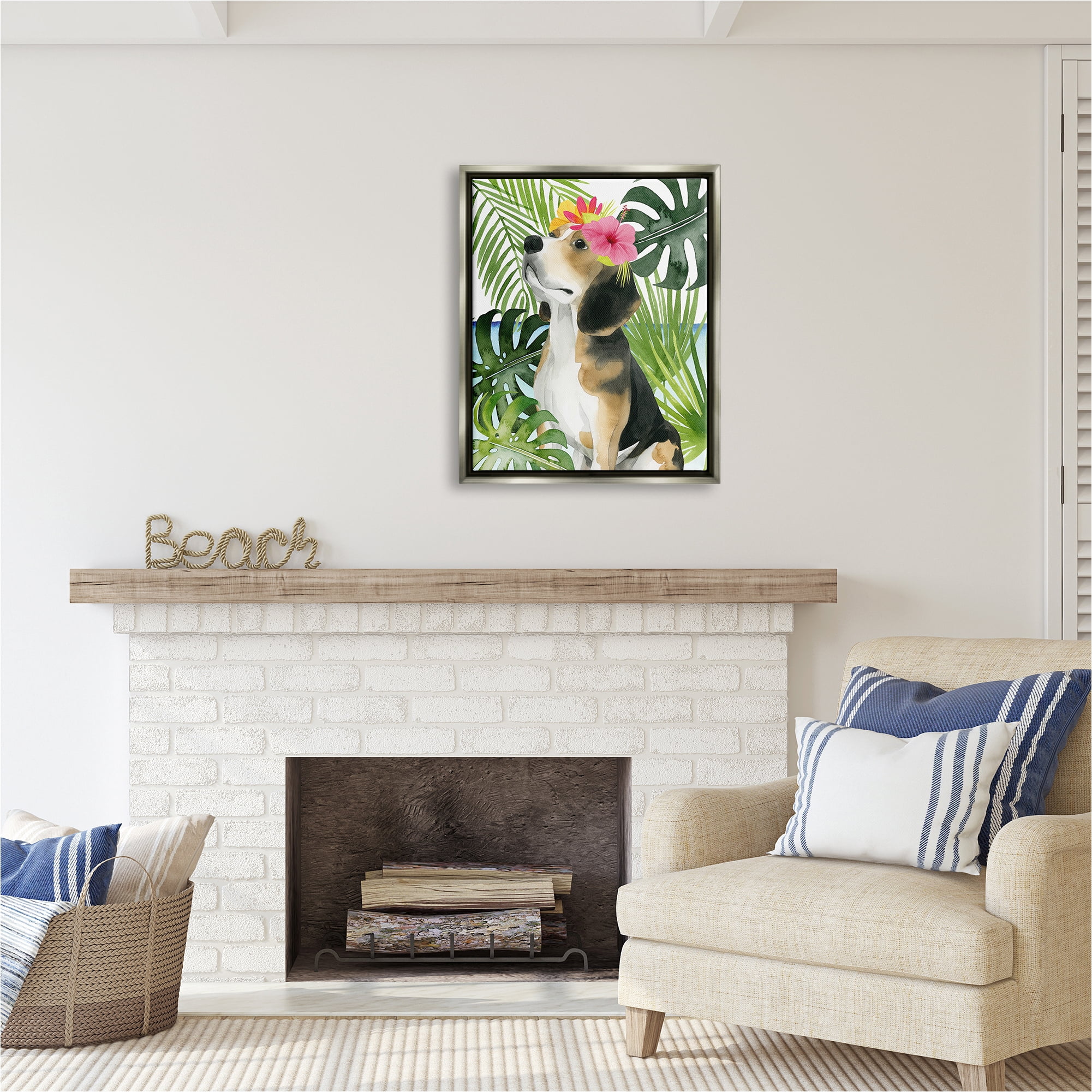 Stupell Industries Puppy with Hibiscus Animals & Insects Painting Gray Floater Framed Canvas Art Print Wall Art, 25 x 31