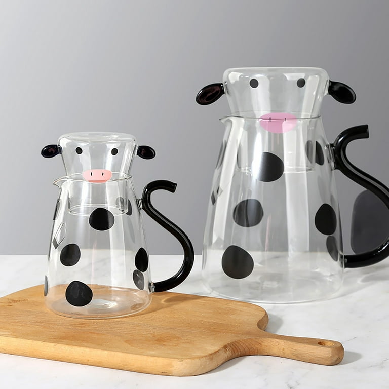 Jlong 1 Set Glass Carafe Pitcher with Glass Mug Cute Cow Glass Tea Pitcher  Kettle Milk Jug Night Water Carafe for Midnight Drink Home Office Hotel