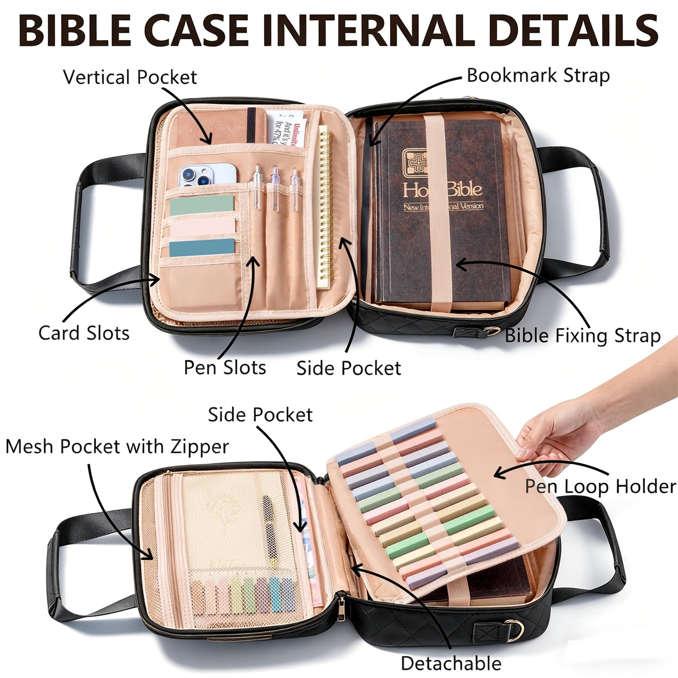 Bible Cover Case for Women, Large Bible Tote Bags Quilted Carrying Case with Shoulder Strap, Bible Study Supplies Journaling Kit, Christian Gift for Womenn (Black)