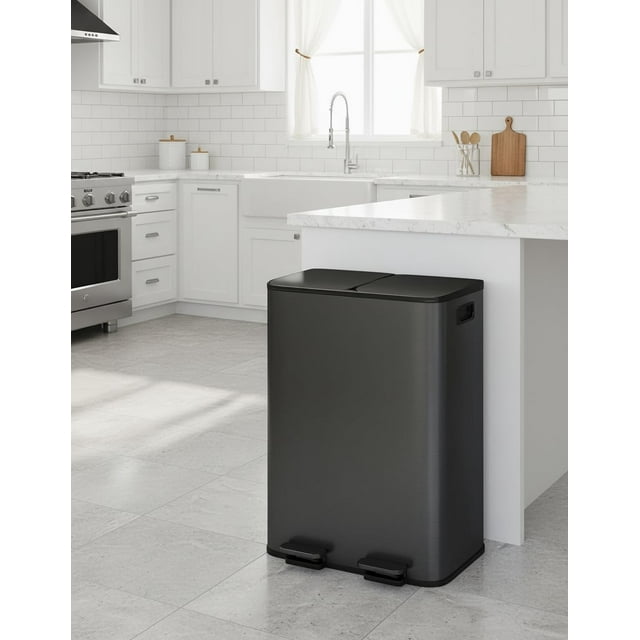 Dual Trash Can with Removable Inner Buckets, Rectangle Step Garbage Can with Soft-Close Lids, Stain-Resistant Recycling Bin Waste Container for Kitchen, Dining Room, Restaurant