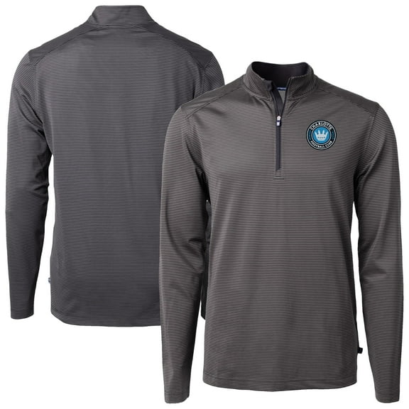 Men's-Cutter & Buck  Black Charlotte FC Virtue Eco Pique Micro Stripe Recycled Quarter-Zip Pullover Top