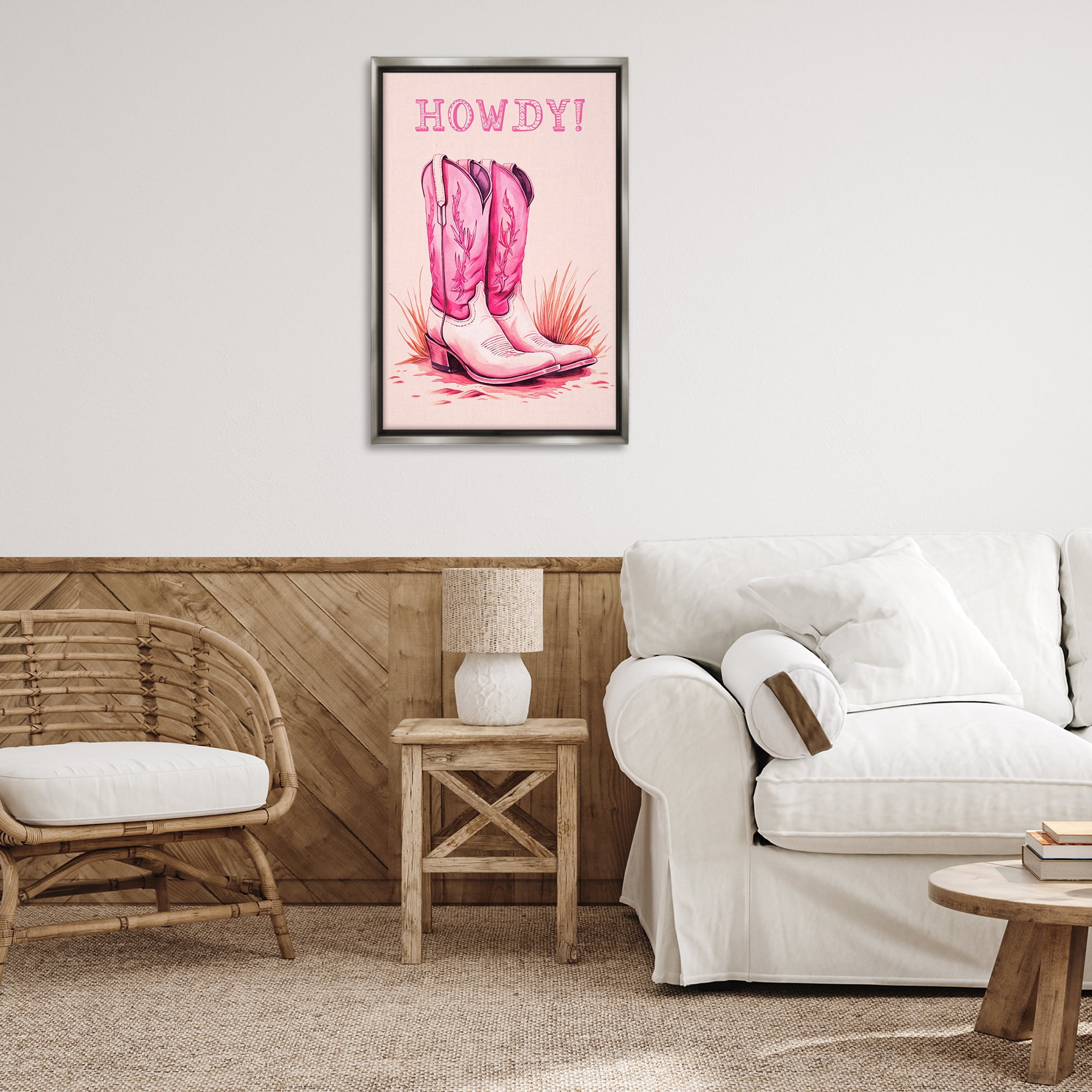 Stupell Industries Pink Cowgirl Boots Howdy Fashion Painting Gray Floater Framed Canvas Art Print Wall Art, 21 x 31