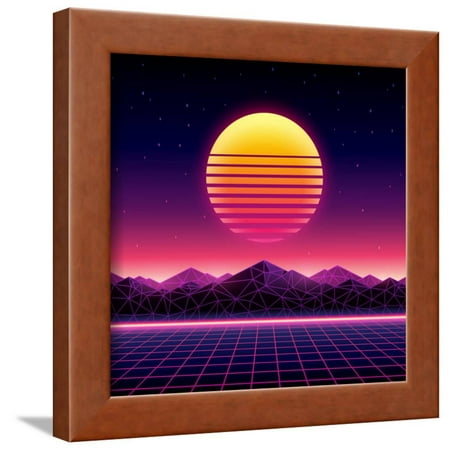 Retro Futuristic Background 1980S Style. Digital Landscape in a Cyber World. Retro Wave Music Album Framed Print Wall Art By More Trendy Design (Best Landscape Designs In The World)
