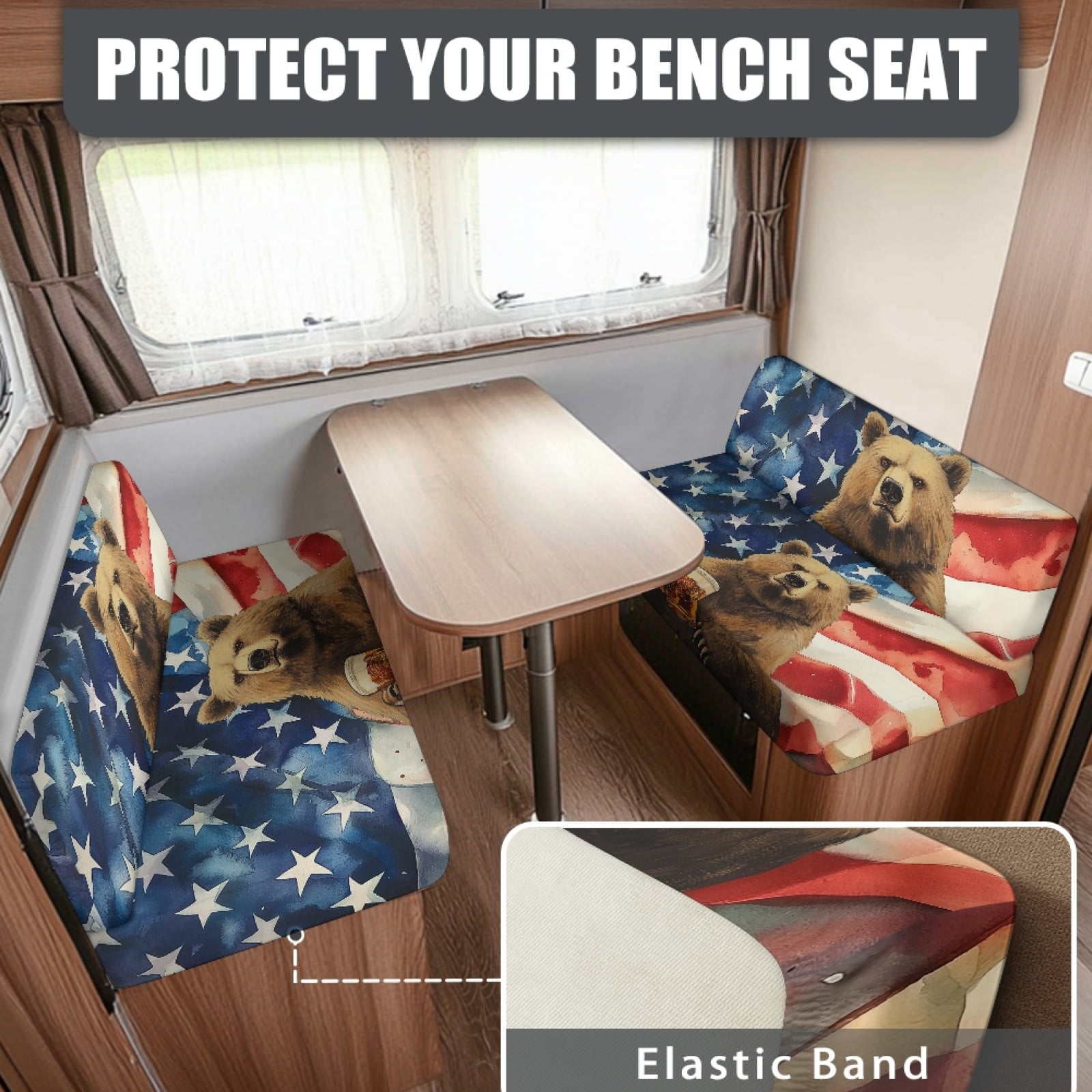 FOR U DESIGNS Bear Beer American Flag Pattern 2 Pcs RV Dinette Cushion Covers Anti-Slip Camper Cushion Slipcover Waterproof RV Couch Cover Sofa Slipover for Travel Trailer Couch