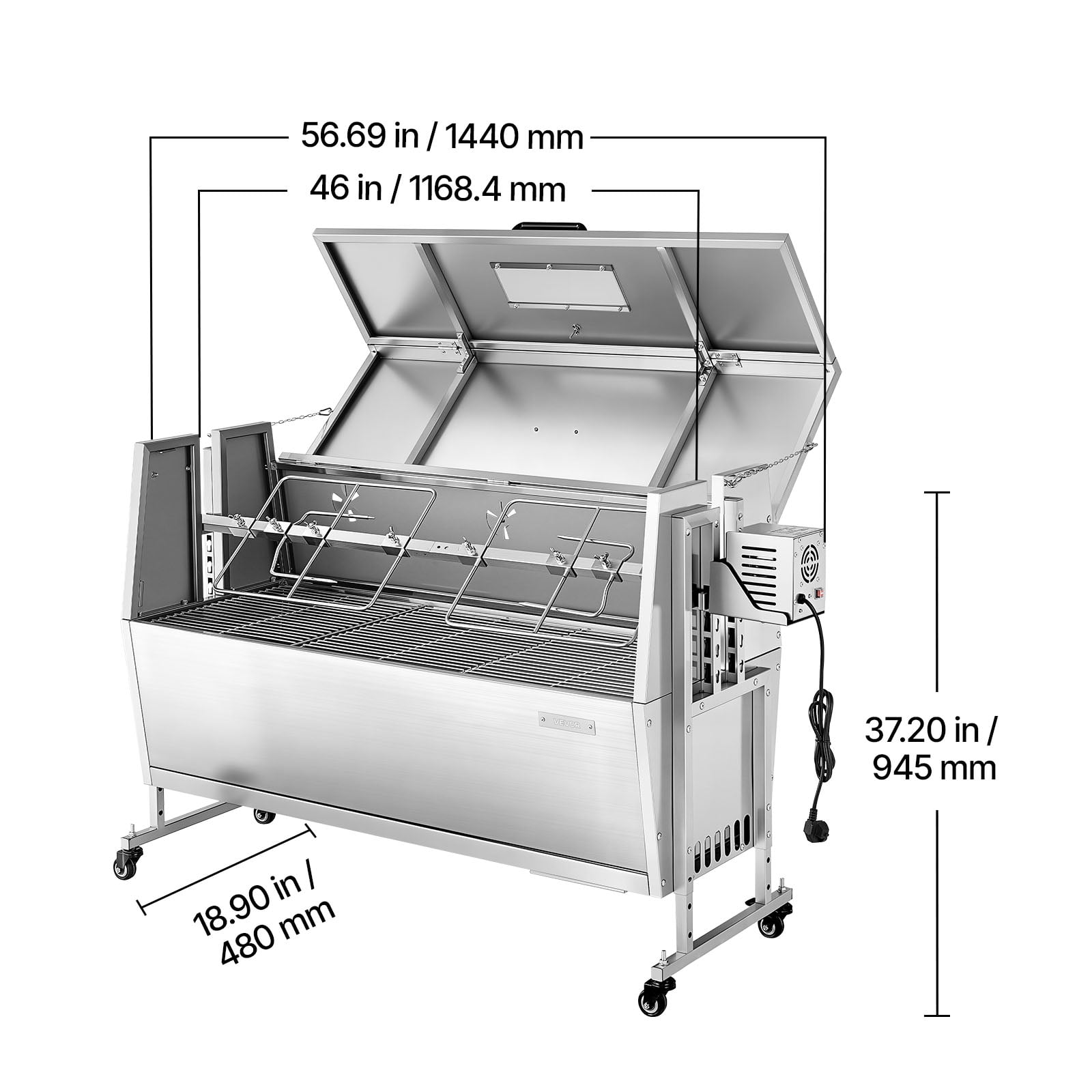 VEVOR Rotisserie Grill, 38W BBQ Outdoor Pig & Lamb Spit Roaster, Charcoal Spit Roaster with 132 LBS Capacity, Wheels & 4-Level Height, Stainless Steel Rotisserie Grill Kit for Camping Outdoor Parties