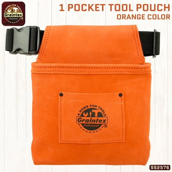 Graintex SS2576 :: 1 POCKET NAIL & TOOL POUCH ORANGE COLOR SUEDE LEATHER WITH BELT