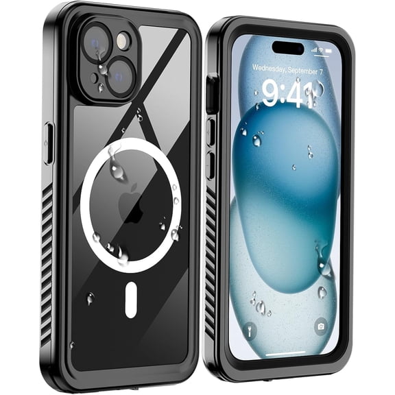 Magnetic for iPhone 15 Waterproof Case,[Built-in Screen Protector][IP68 Underwater][15FT Military Dropproof][Compatible with MagSafe] Full Body Heavy Duty Shockproof Phone Case-Black/Clear