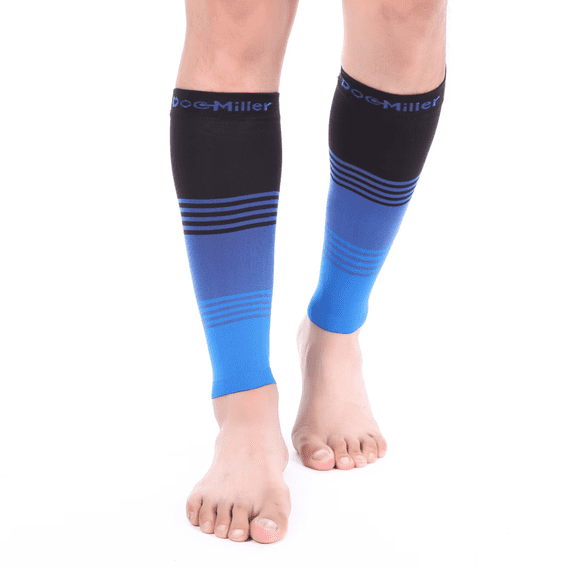 Calf Compression Sleeve for Women & Men, Footless 20-30 mmHg Support for Shin Splints, Varicose Veins, Nurses, Black/Blue/Blue, 3X-Large Size, 1 Pair
