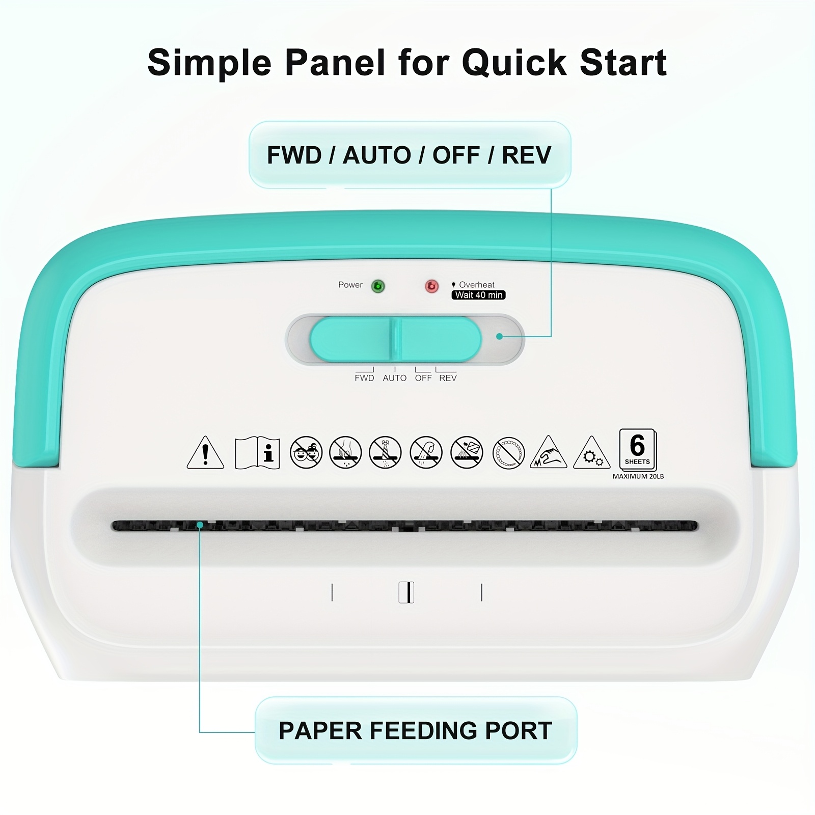 Manual Cross-Cut Paper Shredder for Home Office, 6-Sheet Capacity, Shreds Credit Cards, Staples & Clips, 3.4-Gallon Bin, White & Teal Design, 110-130V US Plug