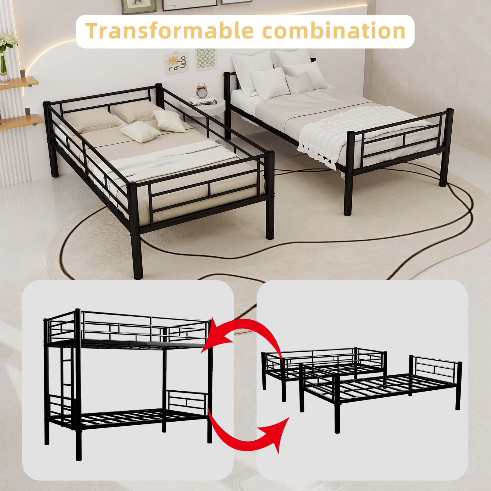 Twin Over Twin Metal Bunk Bed for Kids Boys Girls, Heavy Duty Steel Structure Bedframe with Ladders & Full Guardrail, Converts to 2 Separate Beds, No Box Spring Required, Black