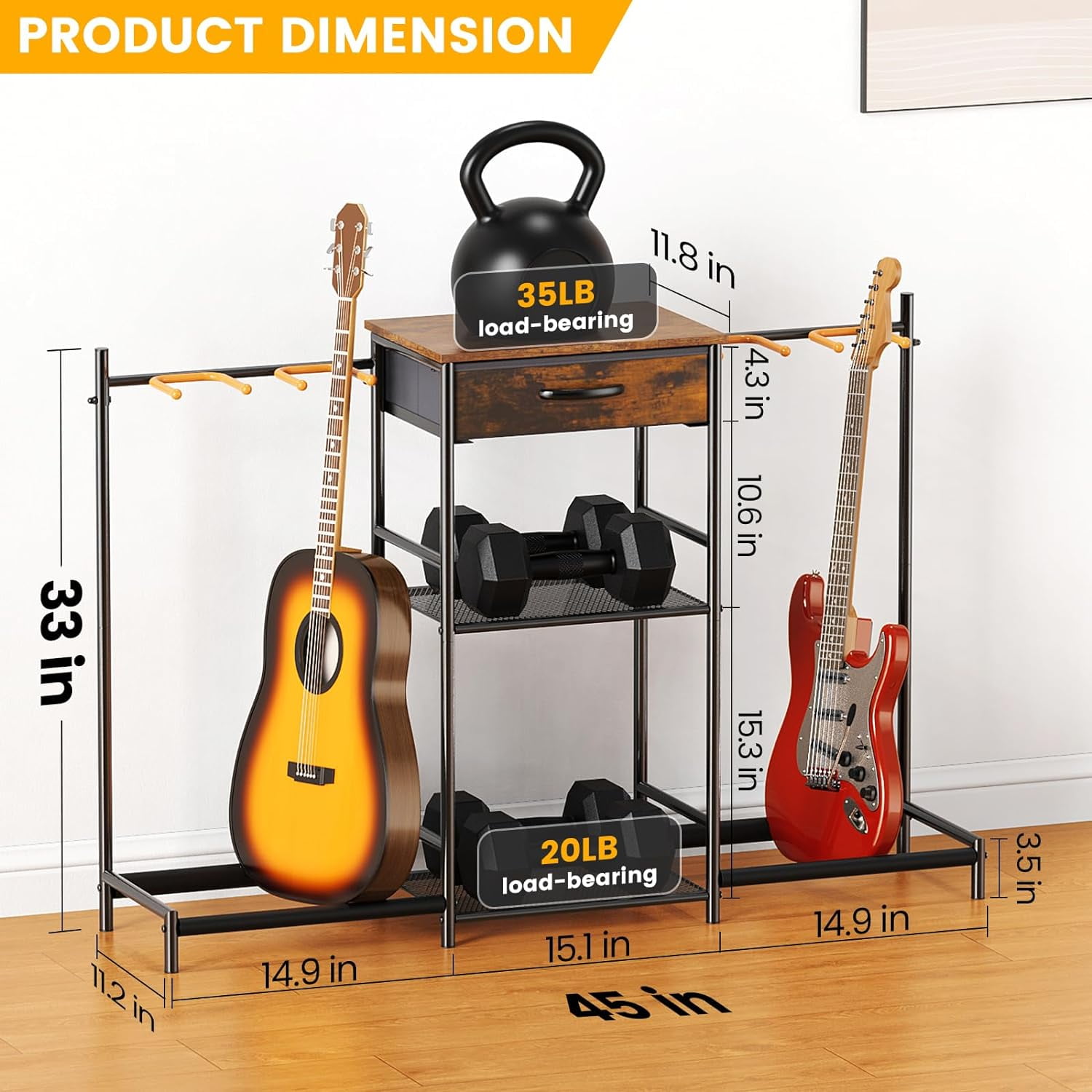 Flycity Guitar Stands Floor with 4 Guitar Holders, 3 Tier Guitar Rack with Amp Stand & Cloth Drawer, Floor Adjustable Guitar Holder Display for Music Room Home Studio