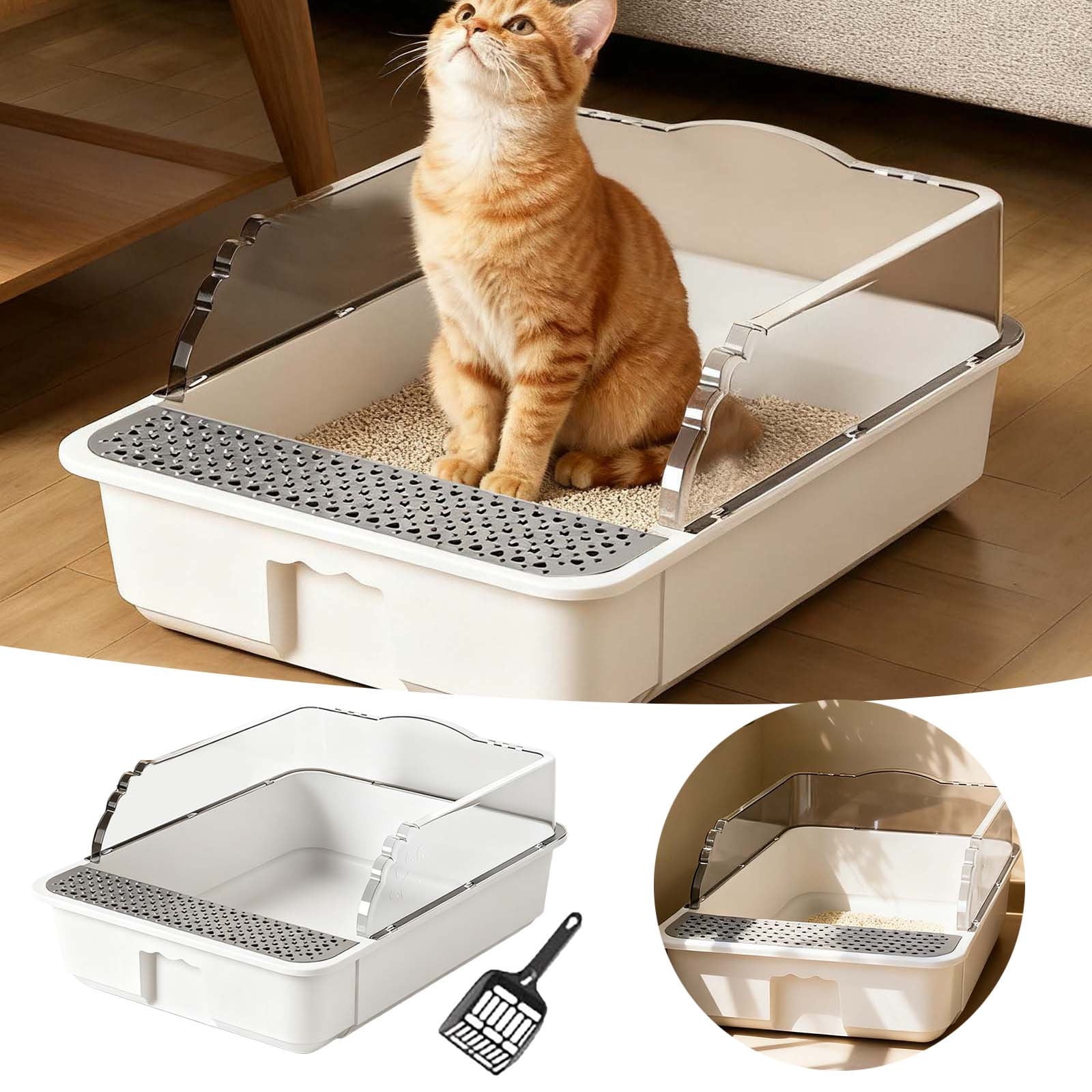 High-Sided Open Cat Litter Pan with Removable Mat for Easy Cleaning Semi-Enclosed Design Reduces Splashing and Scatter