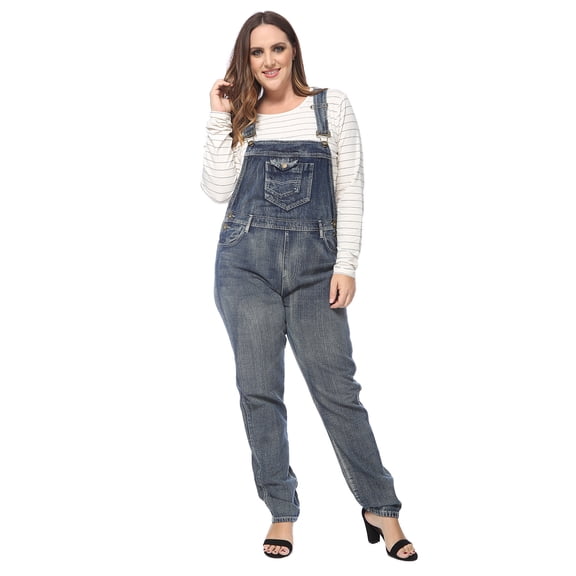 Women's Plus Size Adjustable Strap Denim Bib Overalls Straight Leg Jean Jumpsuits, Blue, X-Large
