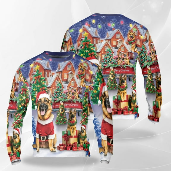 German Shepherd Christmas Sweatshirt, Cute Dog Santa Outfit Holiday Crewneck, Festive Gifts and Snowy Village Pullover, Pet Lover Christmas Sweater for Men Women
