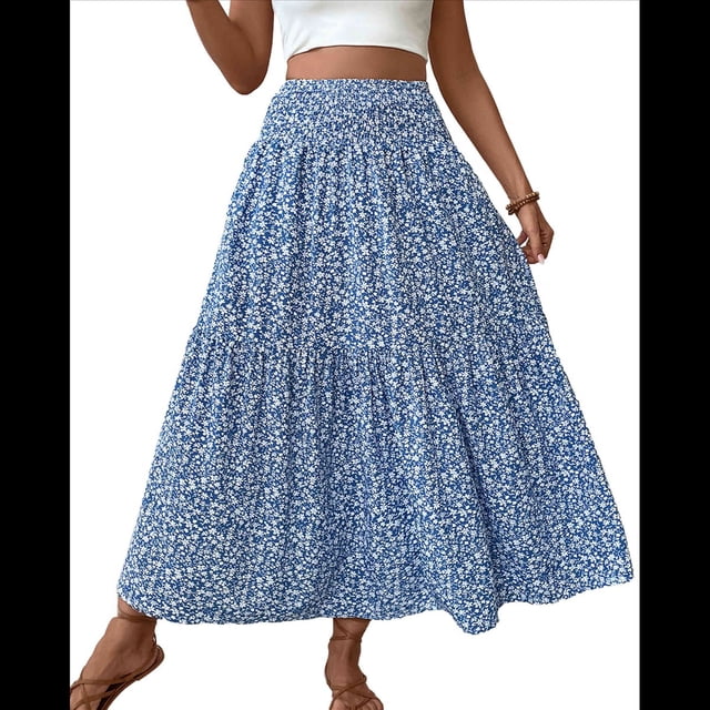 Falda Midi de Cintura Alta Elástica para Mujer, Informal, de Verano, , con Volantes, Estampado Floral, Corte A. Flor Azul XL