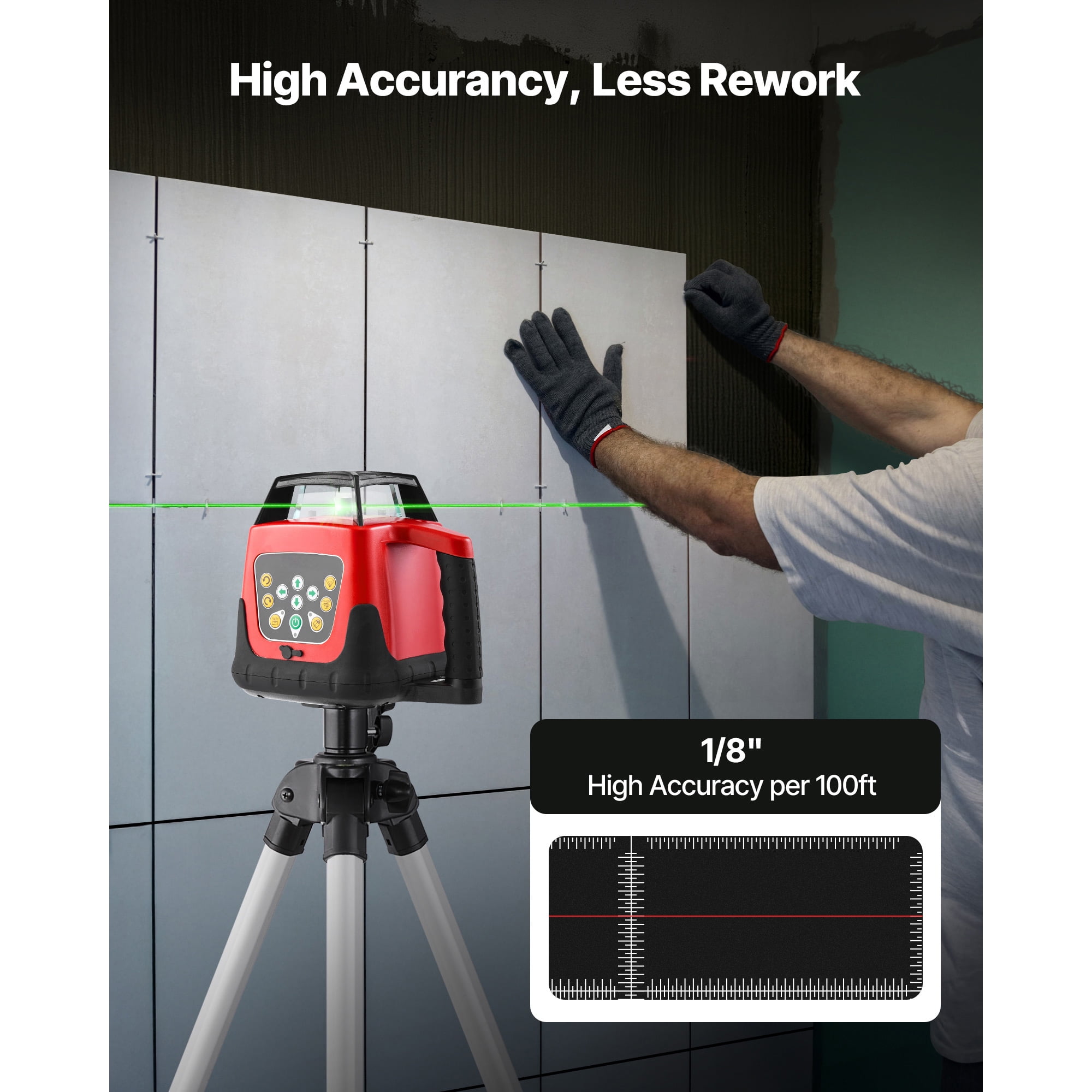 KFFKFF Rotary Laser Level Kit, 2000ft 360-Degree Self-Leveling Green Horizontal Laser with Tripod, Receiver, Remote, Scale, Carrying Case, IP66 Waterproof, 0.80in/100ft Accuracy