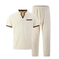 thumbnail image 4 of mihongmao Summer Mens Outfits Gym Sets Vacation Outfits Men's Solid Color Short Sleeve V-neck Pocket T-shirt Straight Pants Set Khaki 3X, 4 of 4