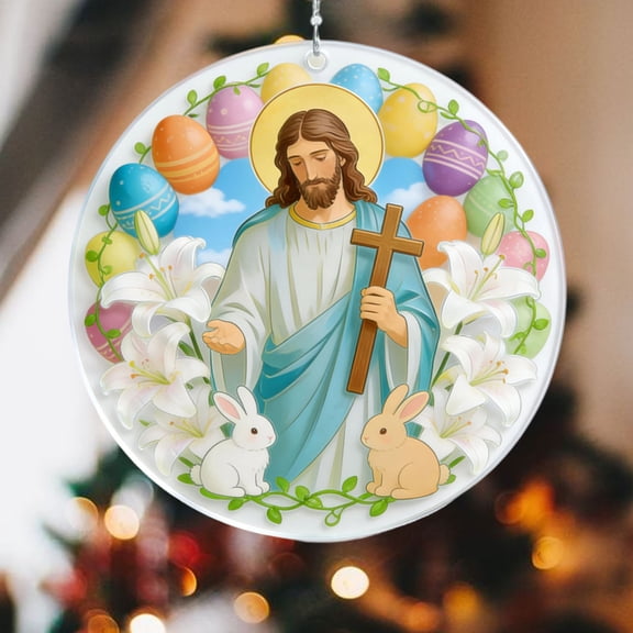 Easter Jesus Decorative Pendant Easter Jesus Nativity Ornament with Christian Bunny Eggs Hanging Ornament Spring Holiday Religious Decor for Home Wall Tree Decoration Supplies