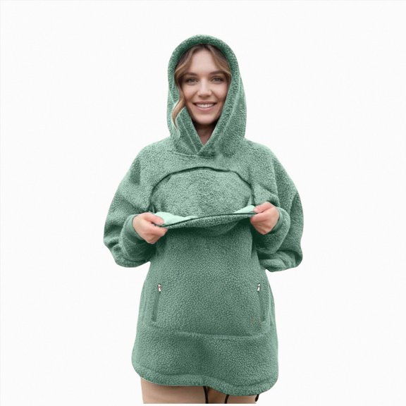 Zippered Pet Carrier Hoodie Women Oversized Pocket Portable Pet Friendly Solid Color Fleece Hooded Sweatshirt