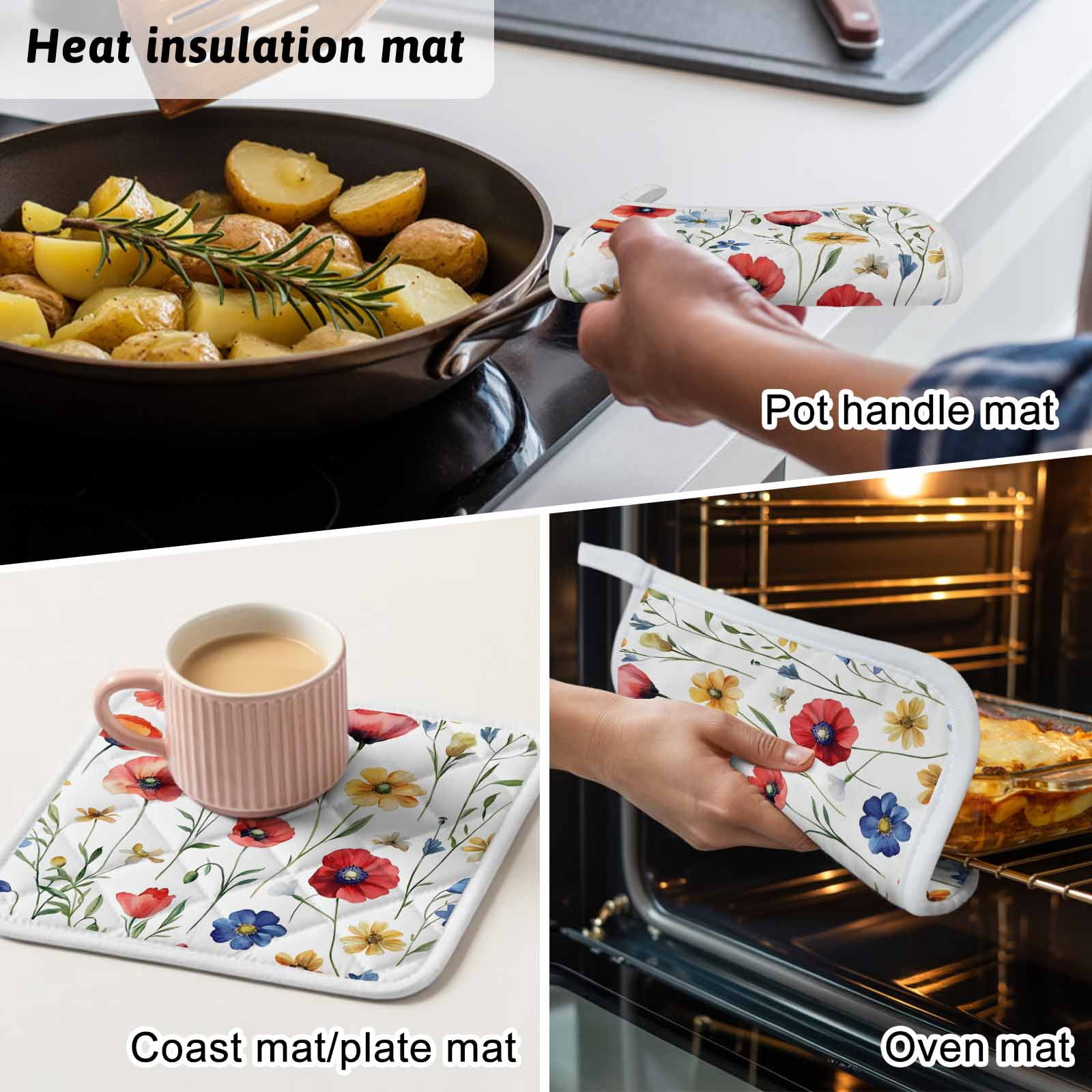 Pink Colorful Poppy Pot Holders for Kitchen Heatproof Potholder, 5 Pack Spring Pastoral Flowers Leaves Hot Pads Multipurpose Oven Pads Cloth Potholders Trivet for Cooking Baking
