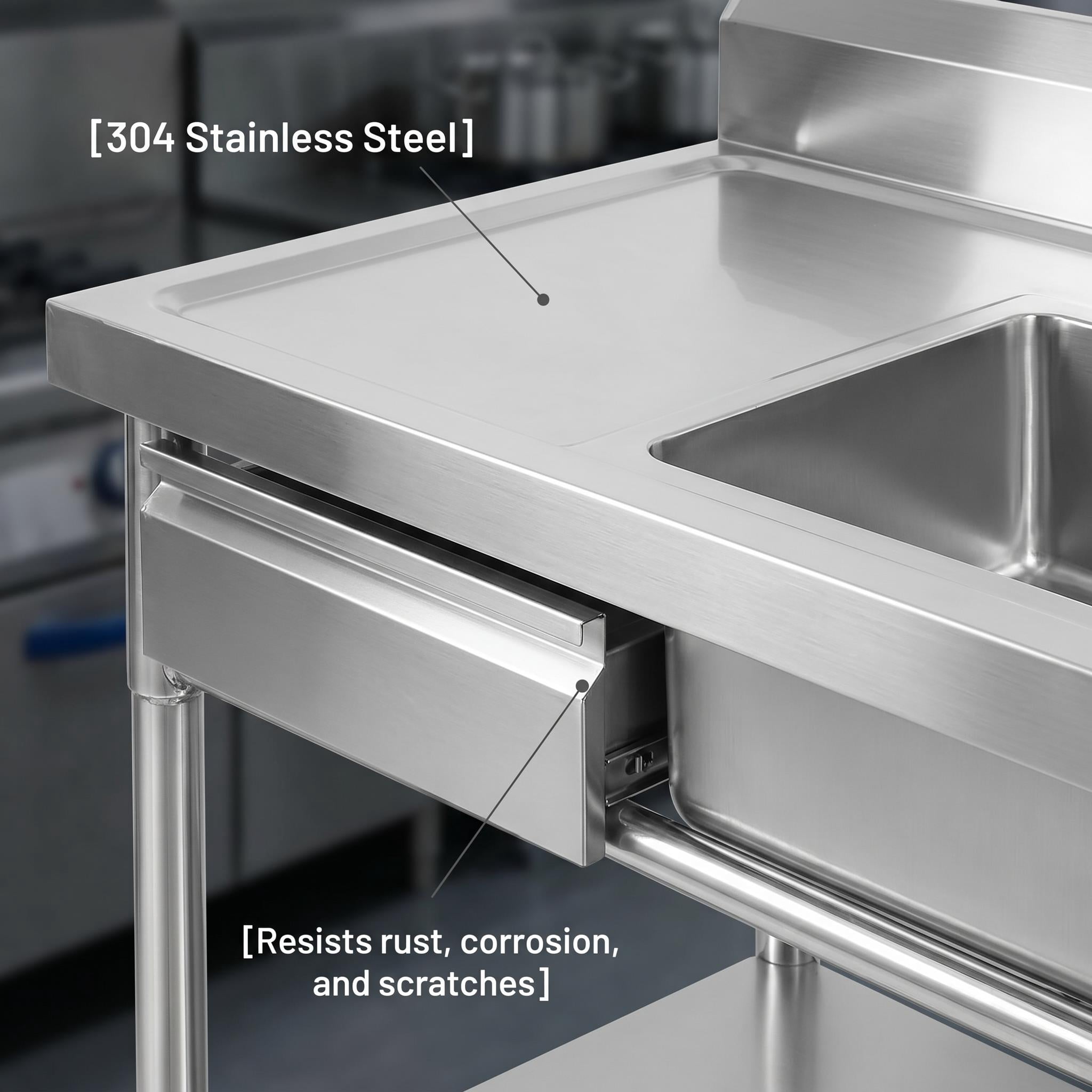 304 Stainless Steel Utility Sink, Commercial Restaurant Kitchen Sink for Restaurants Laundry Rooms and Home Use, Free Standing Stainless Steel Single Bowl with Drawer and Adjustable Lower Shelf