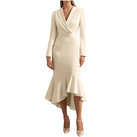 QUNYINEY Formal Women Cocktail Dresses Long Sleeve Work Bodycon Solid Midi Dresses Slim Fit Ruffle Business V-Neck Dresses