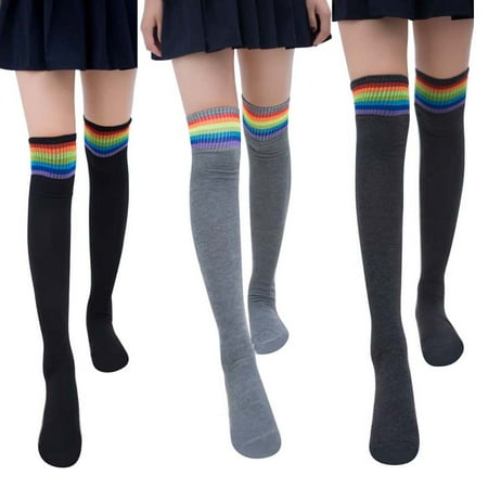 

Biplut Women Girl Rainbow Stripe Tube Dress Over the Knee Thigh High Cosplay Socks