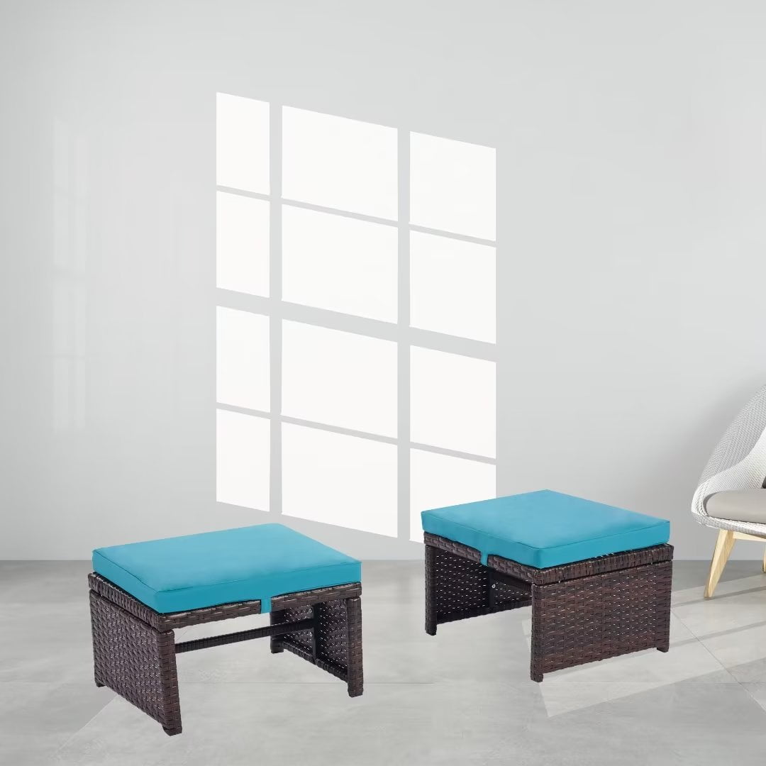 2 Pieces Patio Rattan Ottomans, All Weather Outdoor Foot Rest Footstool